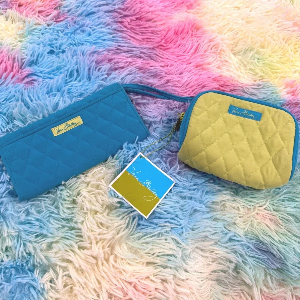 Vera Bradley Wallet and Cosmetic Pouch Set Womens OS Blue Green Like New Quilted